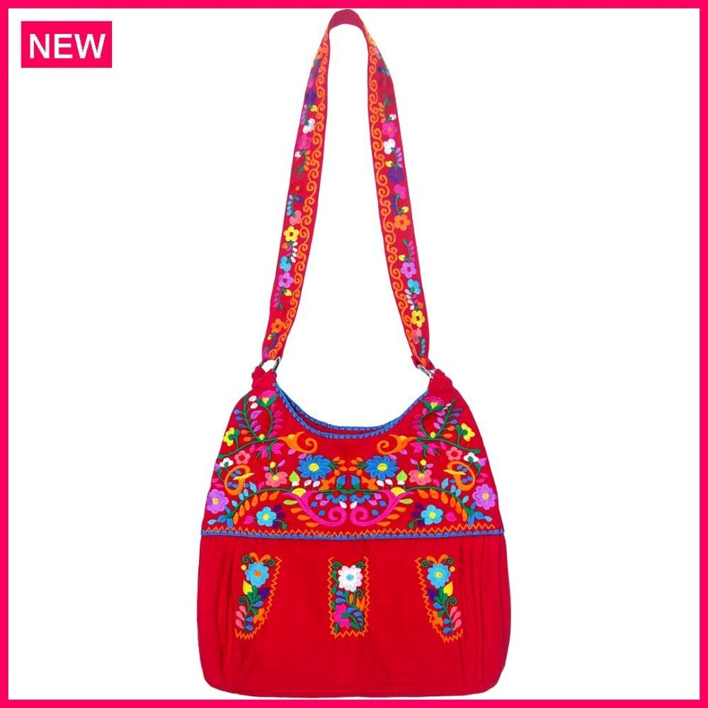 Mexican Embroidered Floral Satchel Handbag with Detachable Straps